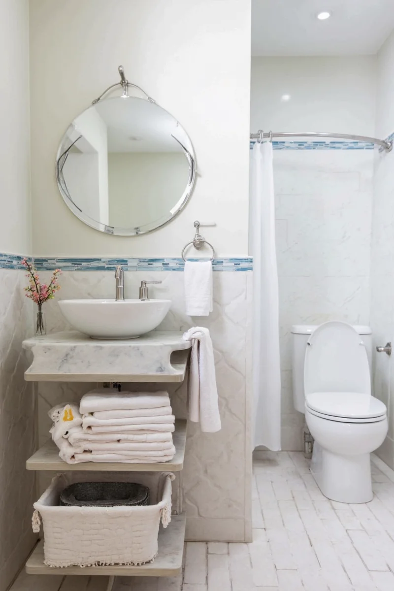After photo of a beautifully organized, family-friendly bathroom