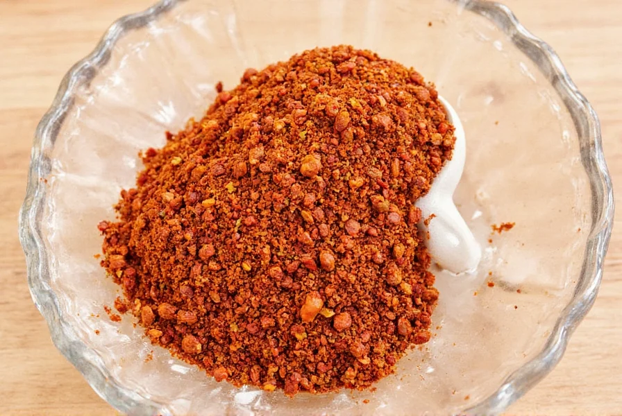 Thai chili pepper flakes on a wooden table