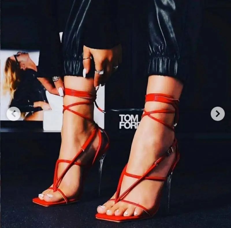 

2021 european american new arrivals sexy crossover strap solid color square head women high heels, Red, serpentine or customized