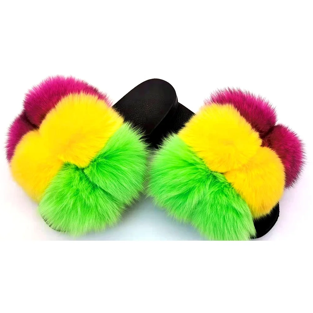 

Custom 2021 Newest Ladies Mixed Color 6 Balls Fur Flat Slipper Wholesale Real Rex Rabbit Fur Sandals Fox Fur Pom Pom Slides, Customized color
