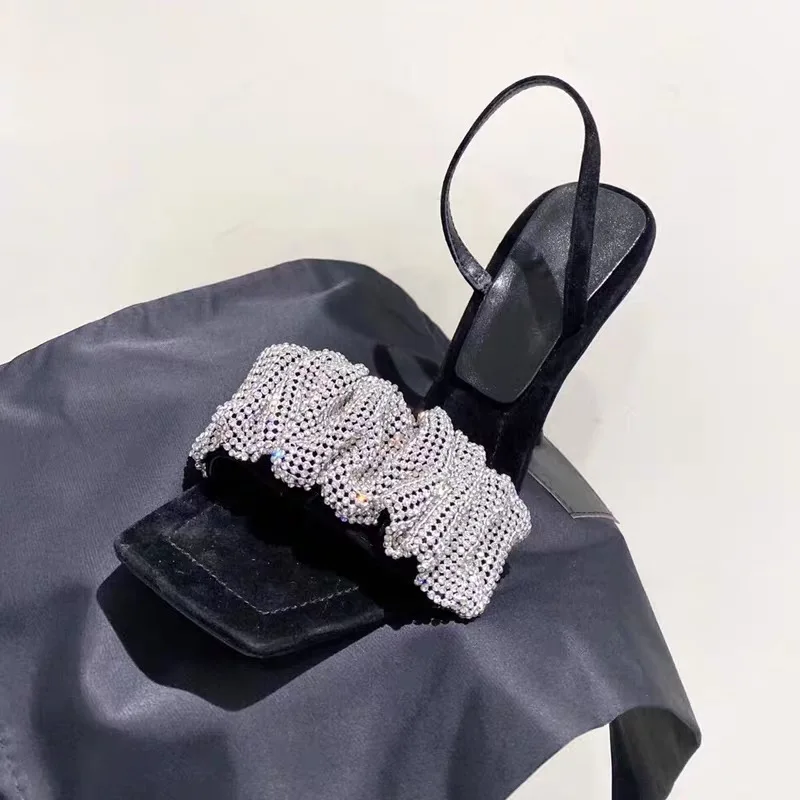 

WA Highheel sandals Fold Diamond Square Back hollow out Fashion Woman Shoes Ready Stock