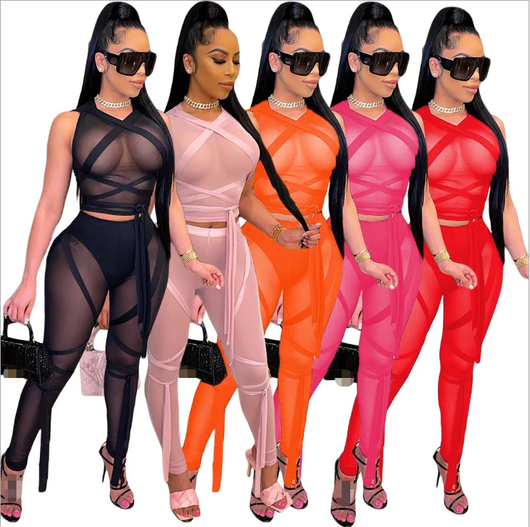 

Springway 2021 New Products Sexy Lace Mesh Two Piece Set Women Breathable Skinny Summer 2 Piece Pant Set Women, Red,black,orange,pink,rose red