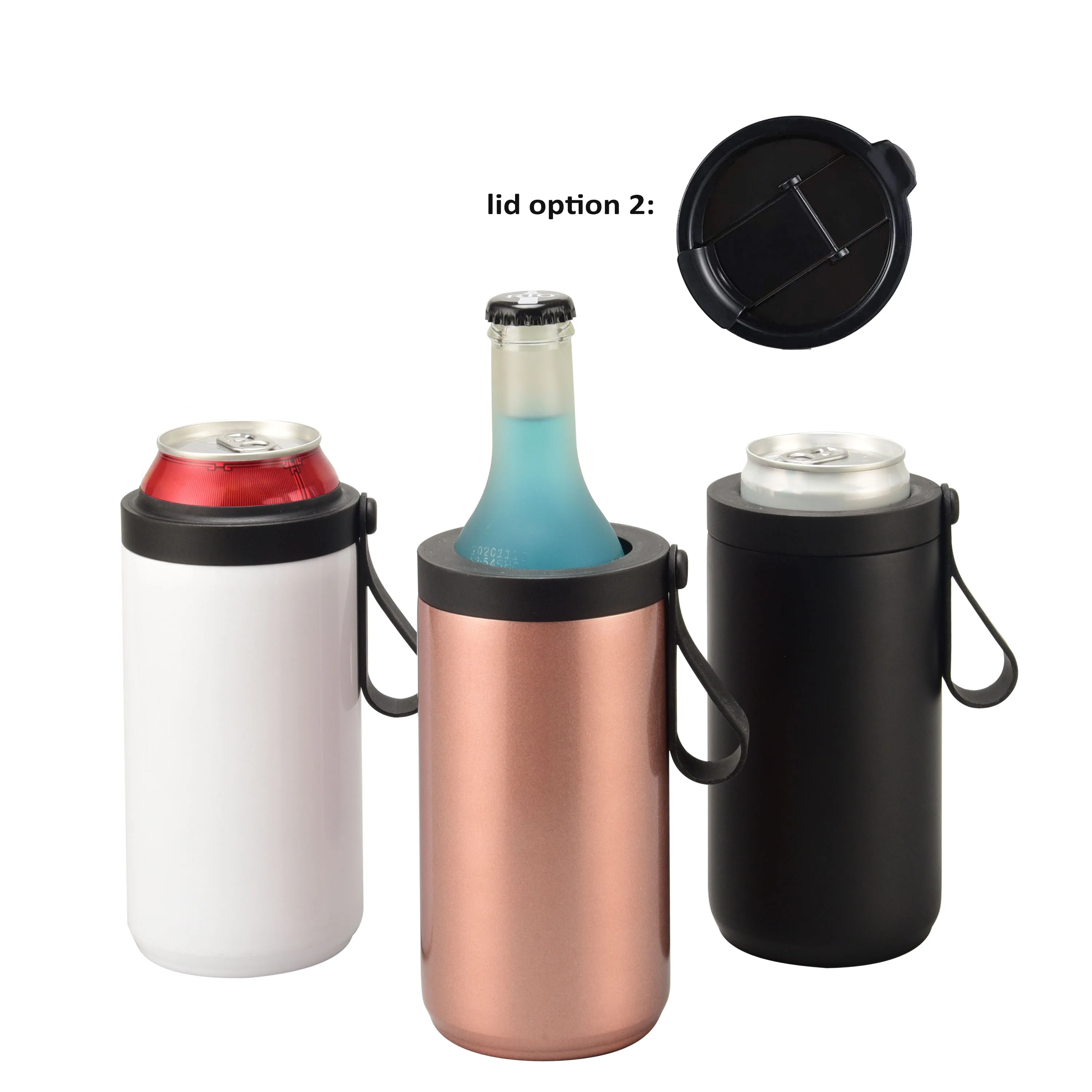 

4 in 1 Stainless Steel Black 12 oz 304 Metal Double Walled Insulated Slim Skinny Can Cooler Tumbler With Silicone Handle