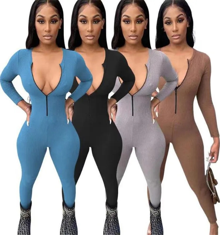 

elegant jumpsuits women 2021 onepiece women body suits sexy deep v-neck slim bodycon solid long sleeve jumpsuits