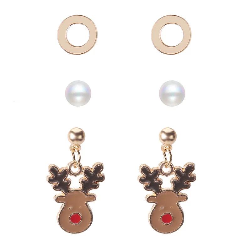 

Fashion Holiday Women New Arrival Christmas Element Deer Snowman Bell Pearl Stud Earring Set, Gold