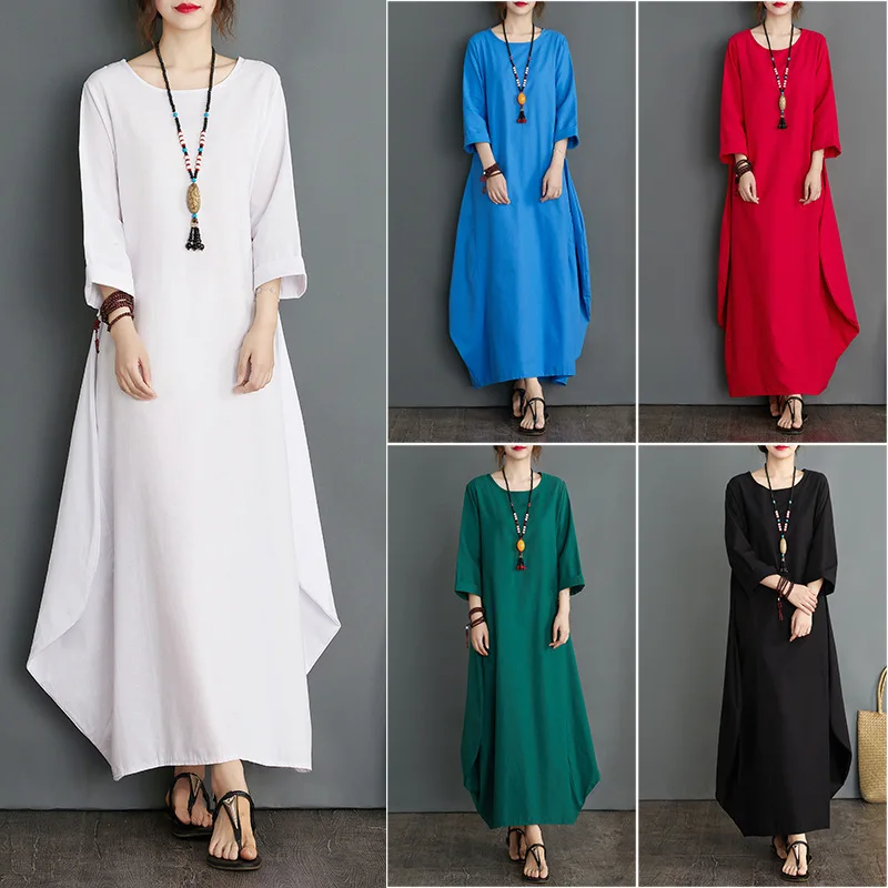

2021 Summer 5XL Woman Dresses Long Sleeve Plus Size Loose Cotton Linen Casual Women Maxi Dress