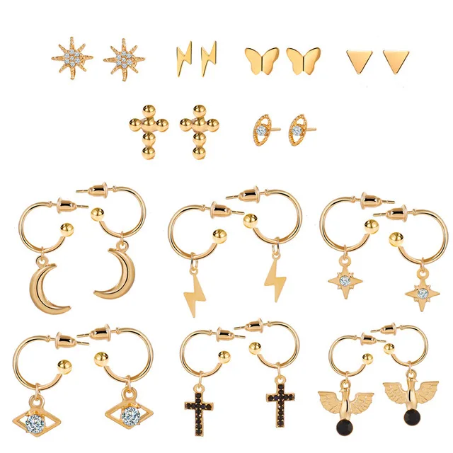 

Hot 12 Pairs/set Dainty Gold Cross Moon Earrings Set Vintage Black Stone Crystal Lightning Earring for Women, Gold plated