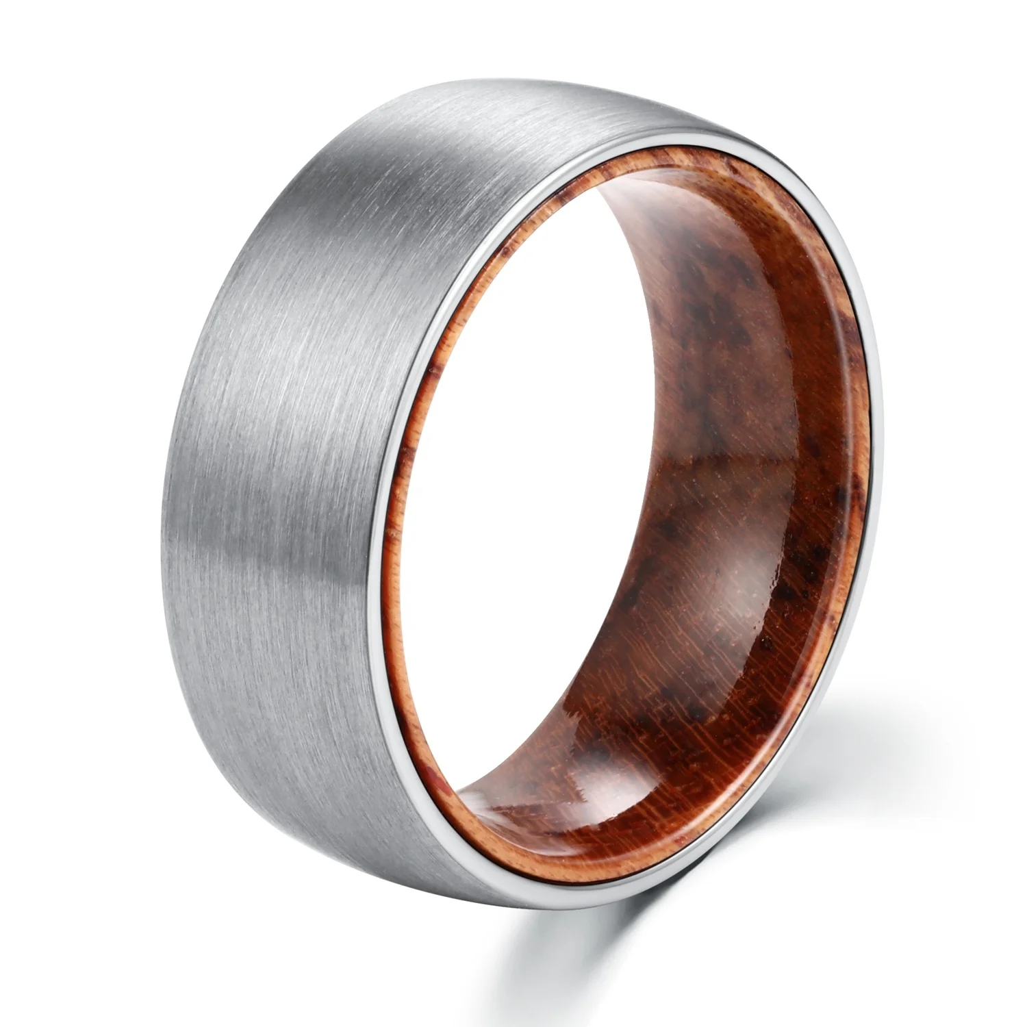 POYA 8mm Brushed Dome Tungsten Ring With Rose Wood Sleeve Inlay Comfort Fit Wedding Ring for Men