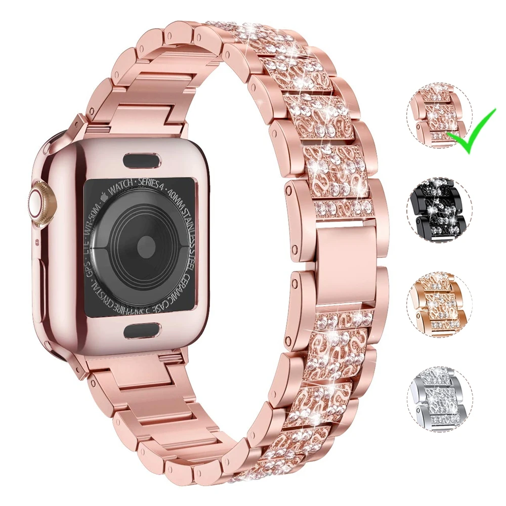 

Luxury bling band remove and replace smart watch gold band with rhinestone strap steel lux for iwatch apple se watch band