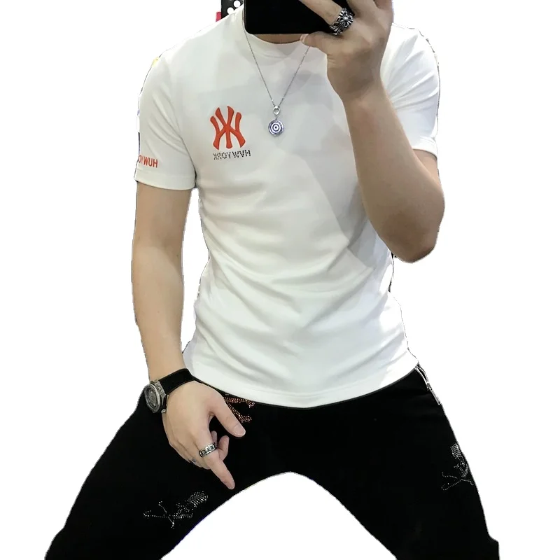 

Europe station 2021 men's summer new letter embroidery short sleeve T-shirt bottom shirt net red brand slim men