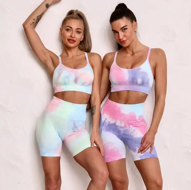 

Women Tie Dye Workout Clothing High Waist Leggings Two Pieces Fitness Clothing Gym Sports Active Wear Yoga Sets
