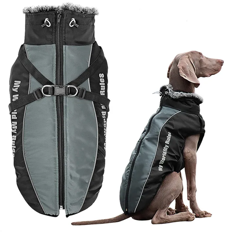 

Wholesale Reflective Fur Collar Warm winter Dog Clothes Vest Windbreaker Pet Jacket Coat with Harness for Medium Large Dogs, White/blue/sky blue/grapefruit red/grey