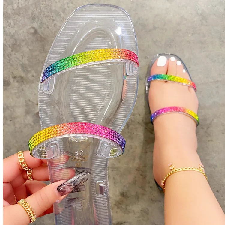 

LESLIDES Double Crystal Jelly Straps Fashion Indoor Outdoor Clear Slides for Ladies Flat Sandals Designer Transparent Slippers, Black