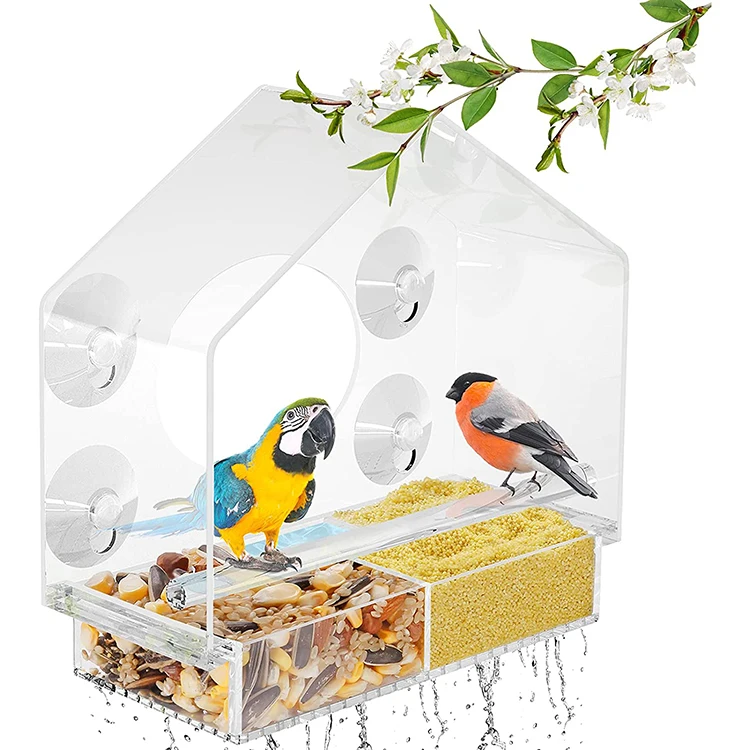 

Eco Friendly Outdoor Clear View Tray Birdhouse House Feeders Pc Uv Plastic Large Window Bird Feeder With Strong Suction Cups