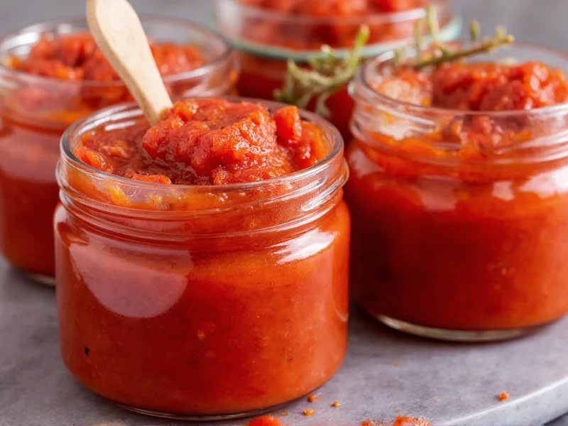 Homemade tomato paste in glass jars with wooden spoon