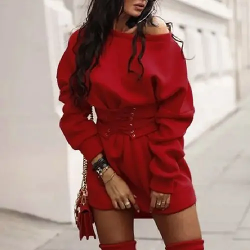 

Female Fashion Women's Solid O-neck Long Sleeve Fleece Thick Dress+Waistband Belt Bandage Dress Winter Streetwear, Shown