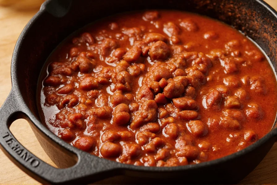 Traditional Texas chili con carne served in a cast iron pot with no beans visible, showing rich meaty texture and deep red color