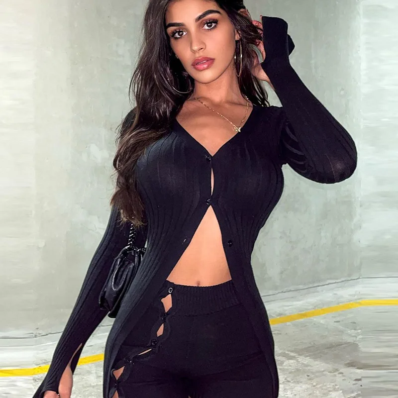 

2022 V Neck Single Breasted Long Sleeve Ribbed Dresses Women Sexy Two Piece Set Streetwear Solid Elastic Waist Pants Female