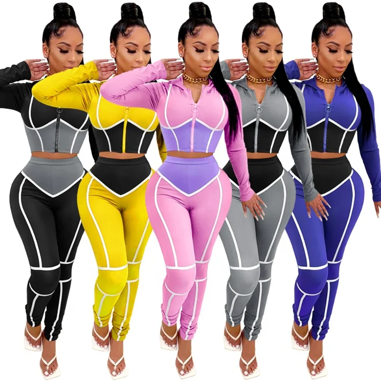 

Fashion Casual Tight Crop Top Hoodie And High Waist Pants Contrast Color 2 Piece Set Women, Black / blue / gray / pink / yellow / green / purple / red