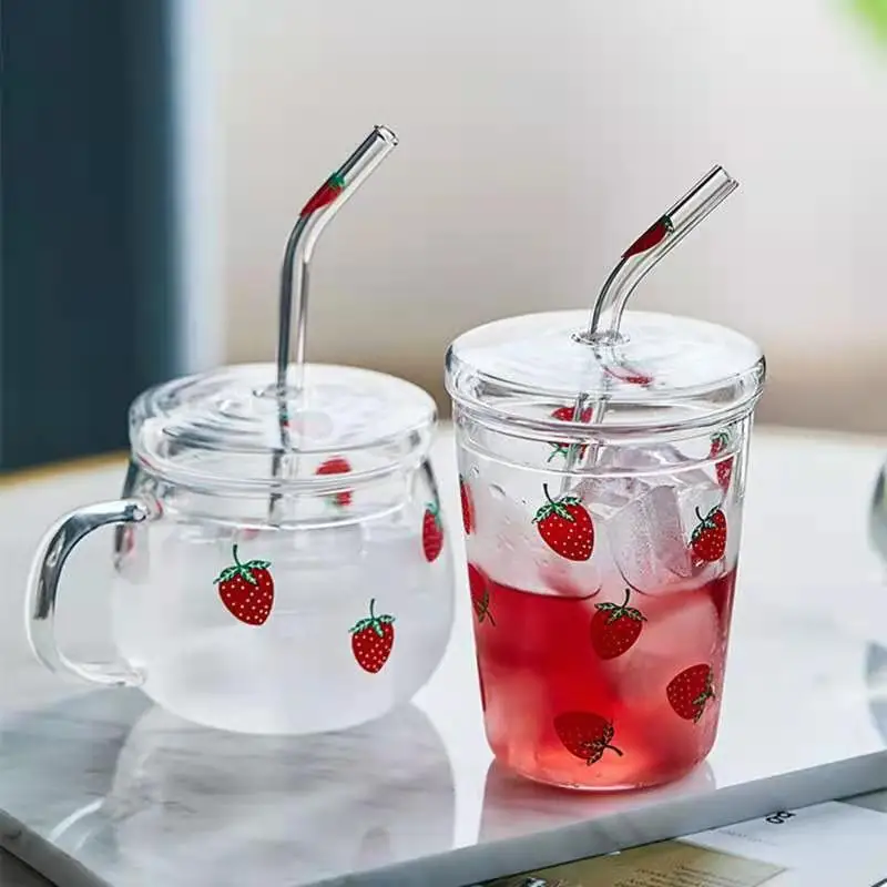 

Straw cup cute girl heart strawberry glass ins wind heat-resistant water cup, Clear