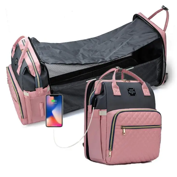 

Lequeen Diaper Bag Backpack with Extendable Folding Crib Baby Bag With Changing Station USB Charge Port