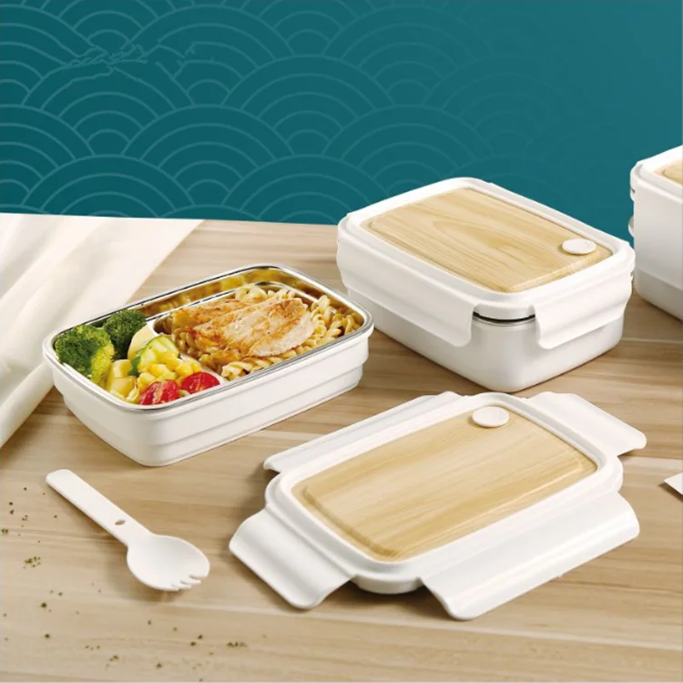 

304 Wood Grain Stainless Steel Heat Preservation Lunch Box Single Layer Compartment Canteen With Can Be Heated Bento Box, Green