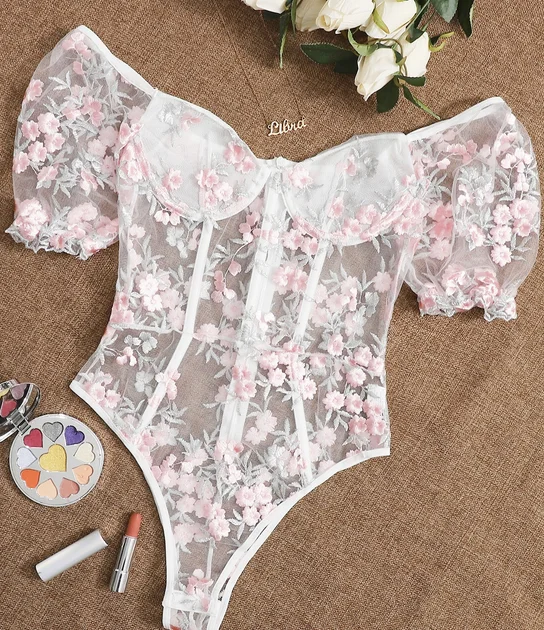 

Floral Embroidered Mesh Teddy Bodysuit