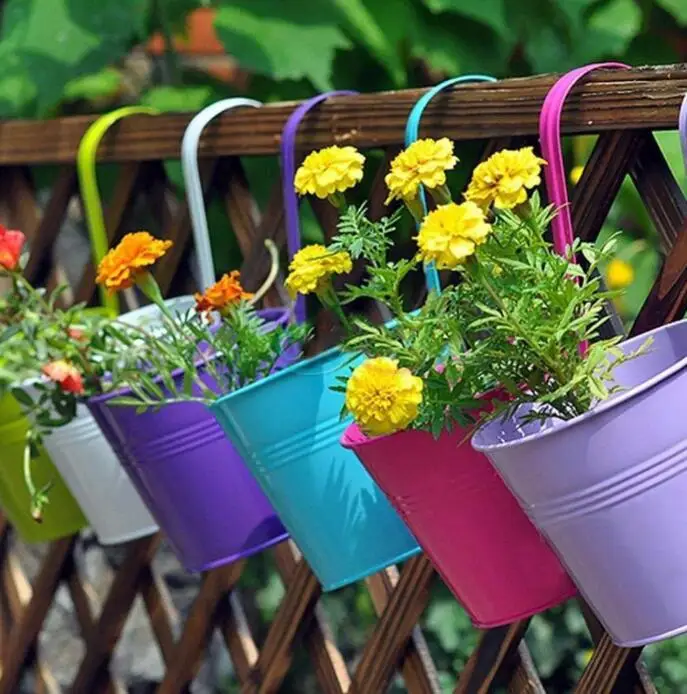 

Colorful Metal Bucket Flower Hanging Pot Balcony Garden Pots Plant Flower Holders Balcony Iron Flower Pot, Multi color or custom
