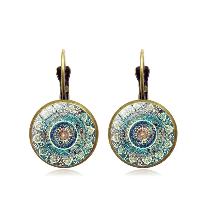 

Art Picture Henna Buddhism Glass Drop Round Earrings Women Artificial Gemstone Mandala Earrings, 2 designs