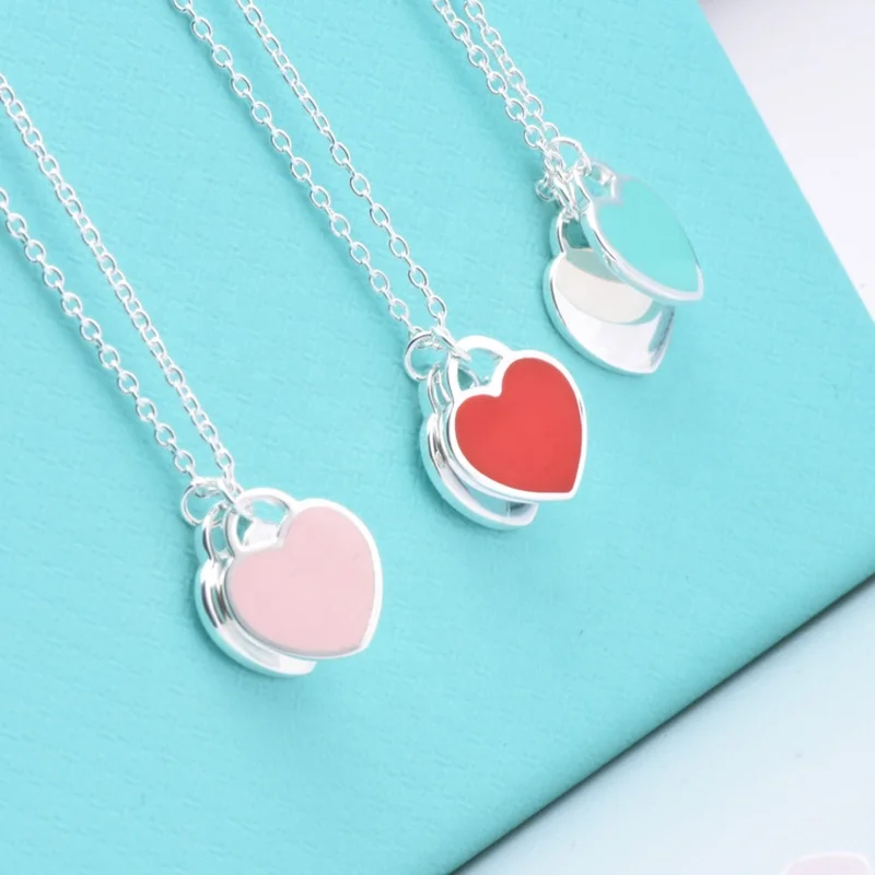 

Women Necklaces 925 Sterling Silver Necklace Double Hearts charm TIFF Style Pendant jewelry Chain heart love Pendants Collar