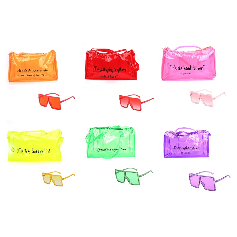 

Hot Selling Summer beach jelly pvc waterproof gym custom logo clear weekender spend da night bag duffel with matching sunglasses, Customized color