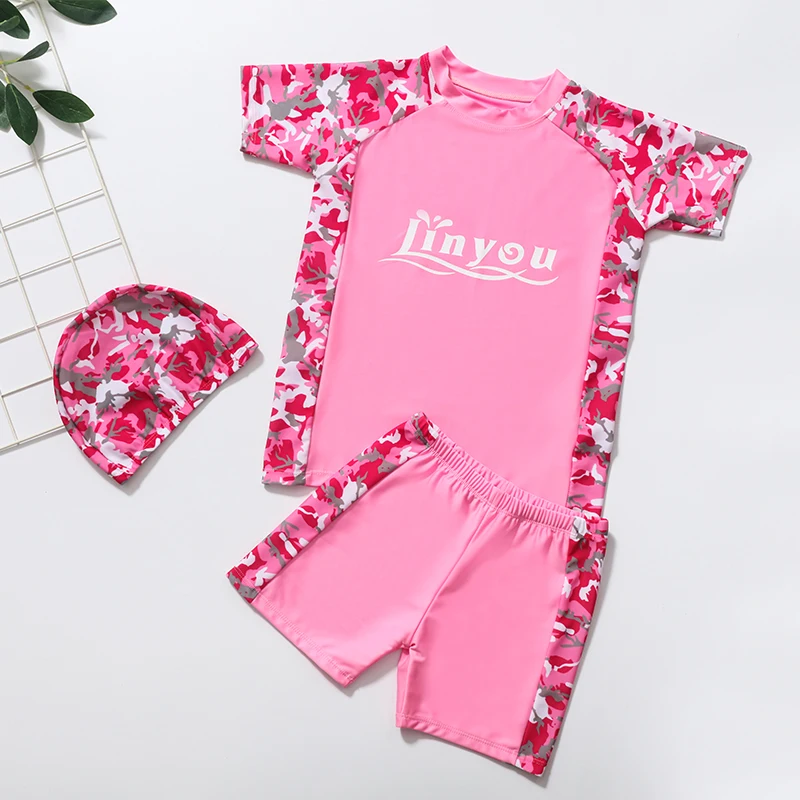 

Fashion trendy pink sports girl hat short sleeve pants swimsuit