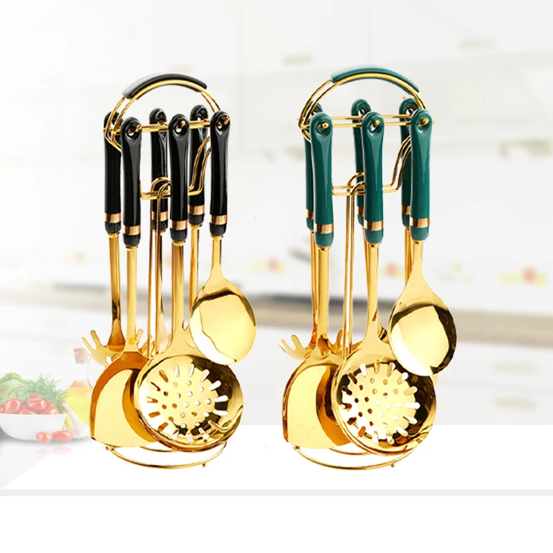 

Kitchen Tools Ceramic Handle 7pcs Stainless Steel Kitchen Cooking Utensils Set Kitchenware Set, Black/white/green/blue/pink handle with gold