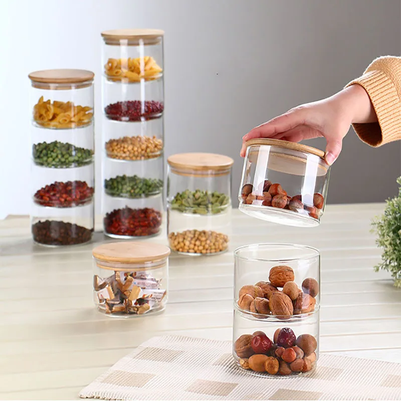 
Wholesale Factory glass canisters candy jar set food Airtight storage jar containers airtight glass seal bamboo lid 