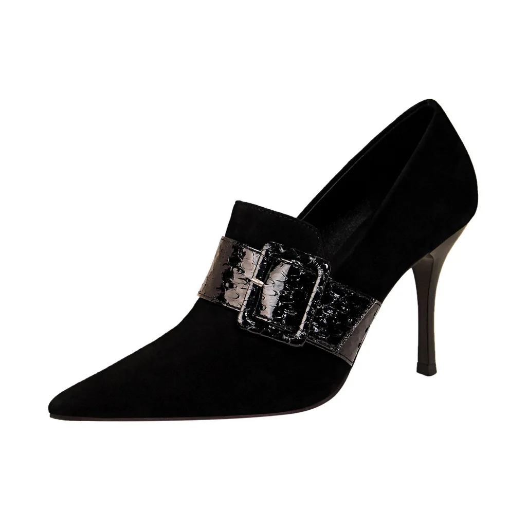 

955-12 BIGTREE fashion sexy suede single shoe snake-print buckle belt buckle high heels women's shoes 9.5cm high heels, Apricot, black