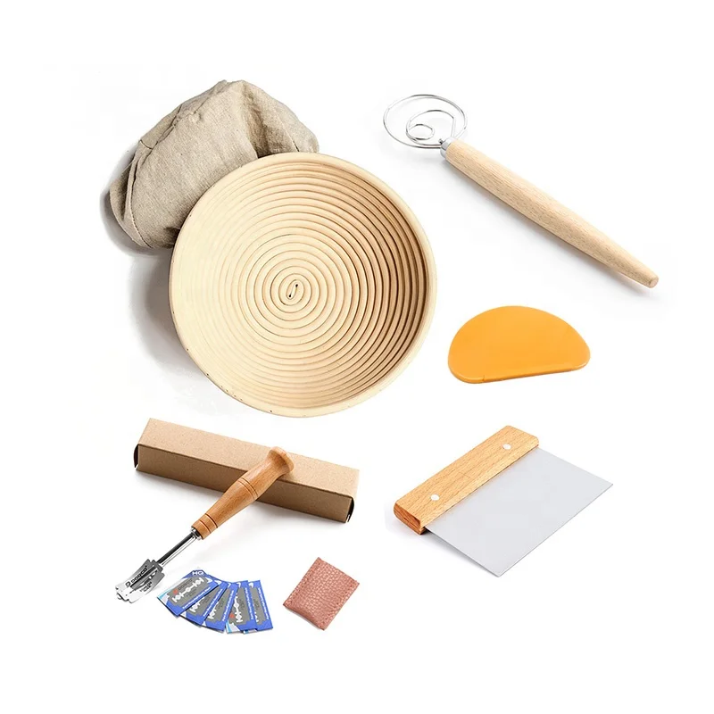 

10" Rattan Round Artisan Bread Sourdough Banneton Proofing Basket Baking Set Kit With Dough Cutter Scraper Whisk Scoring Lame