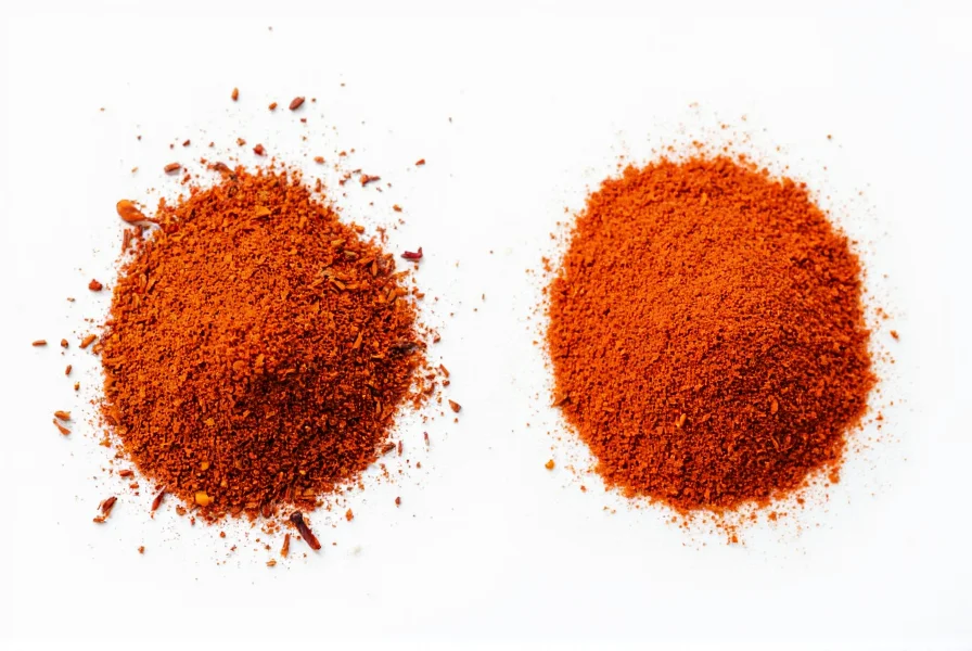 Gochugaru red pepper flakes next to traditional red chili flakes showing color and texture differences