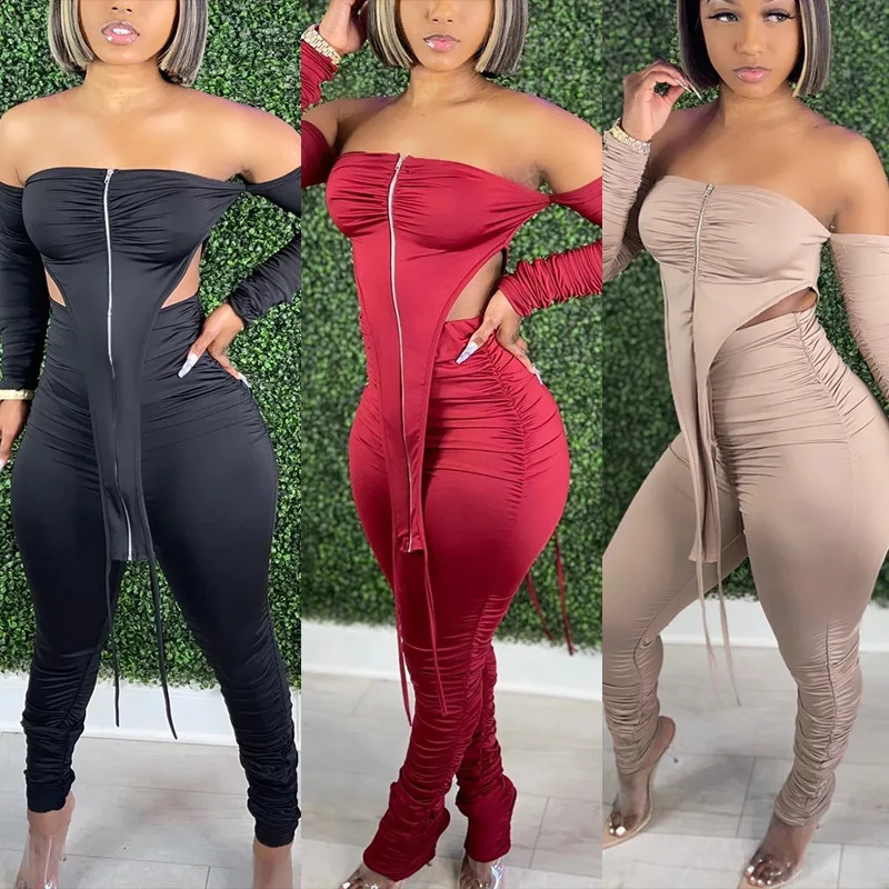 

2021 Women's Trousers Two Piece Long Sets Jogger Crop Top Off Shoulder Outfit Women 2 Piece Quick Dry Sweat Suits