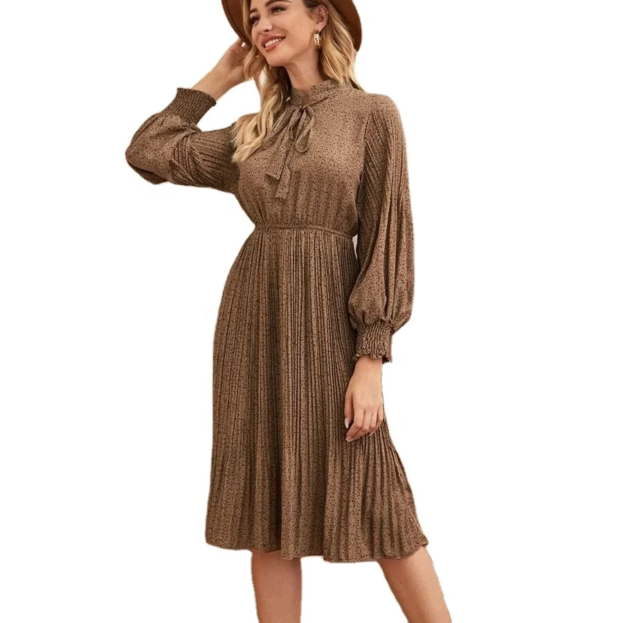 

Autumn and winter new Sell like hot cakes Wave point Long sleeve Pressure plait v-neck lace-up elegant temperament Casual dress, Picture color