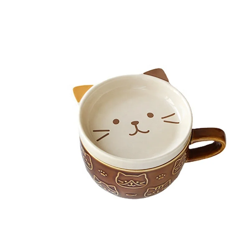 

Ceramic Mug with Lid Cat Coffee Cup Saucer Cartoon Children's Milk Cup Cute Breakfast Cup, Green