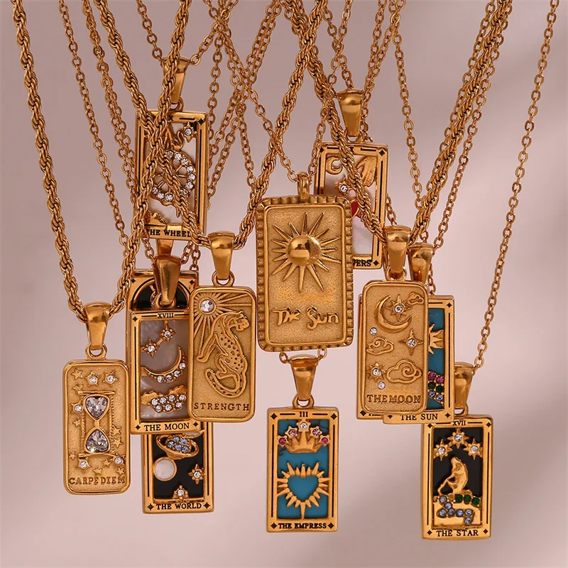 

Vintage Gold Plated Rectangular Colorful Enamel Zircon Tarot Pendant Necklaces Female Ins Popular Jewelry