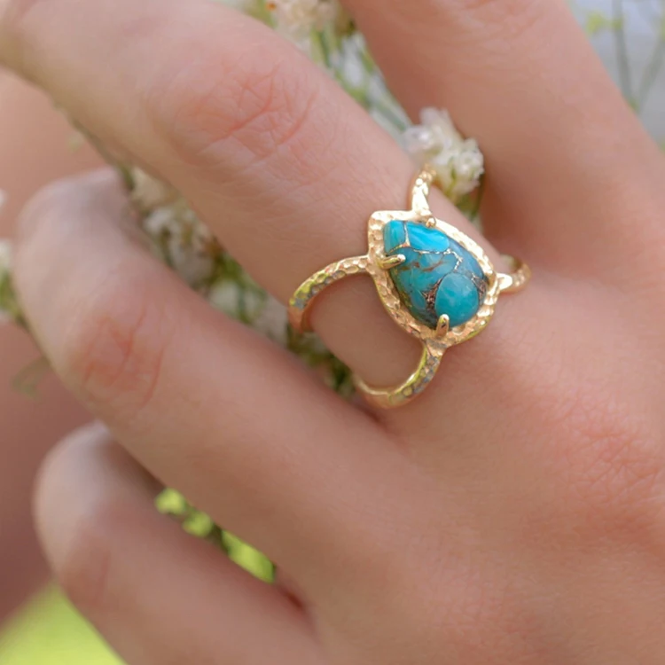 

Wholesale Gold Plated Copper Double Layer Ring Natural Turquoise Stone Teardrop Ring, Picture