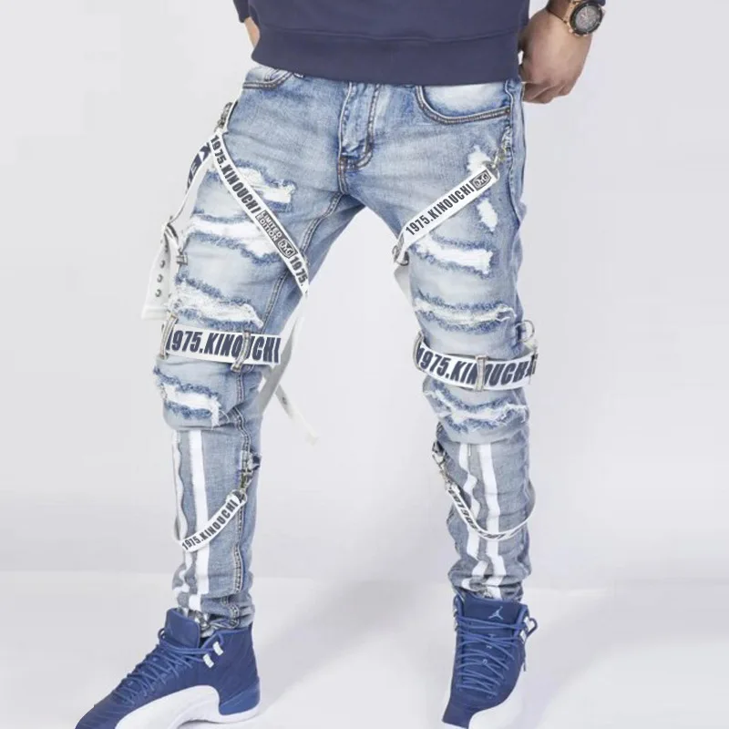 

fall 2021 Stylish fashion men's designer skinny jeans with ribbons tattered zipper stacked jeans men jeans men denim