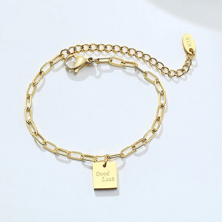 

Fashion custom letter 18k gold plated bracelets and charms square shape good luck stainless steel O link chain bracelet