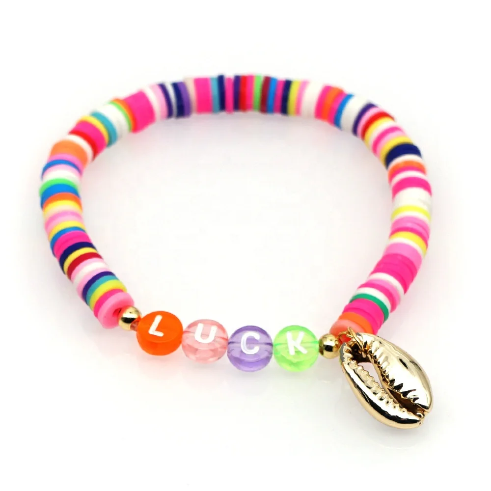 

Hot sell bohemian rainbow Polymer Clay Letter Colorful Beads Bracelet shell charms bracelet For Women Girl Jewelry gift, Picture