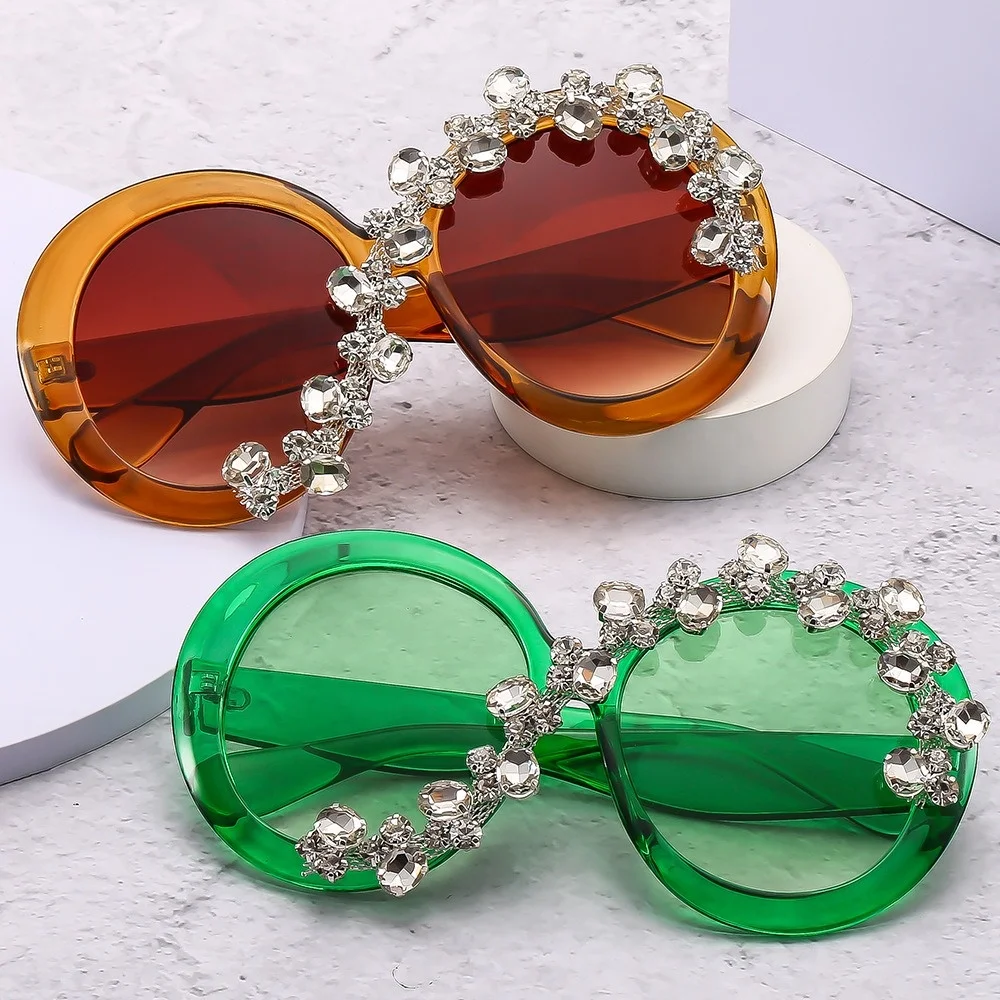 

Luxury New Fashion Trendy Rhinestone Bling Sunglasses Large Round Frames Asymmetrical Diamond Encrusted Sunglasses