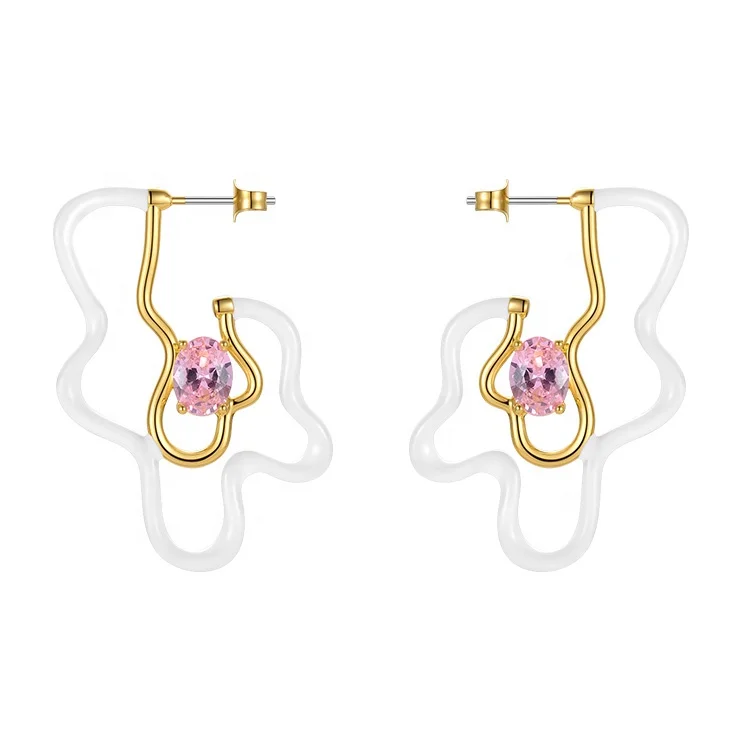 

Fashion 18K Gold Plated Brass Jewelry Irregular Pattern Epoxy Pink Zircon Accessories Earrings E211332