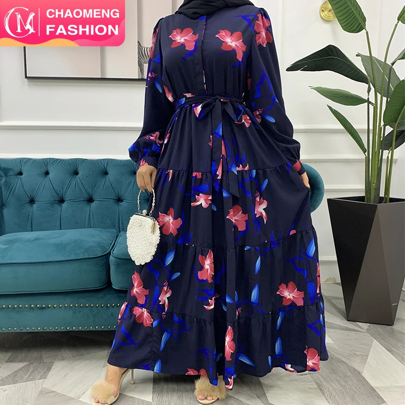 

6391# 2021 latest style Islamic clothing high quality flared elegent floral printed Long maxi muslim dress, Navy