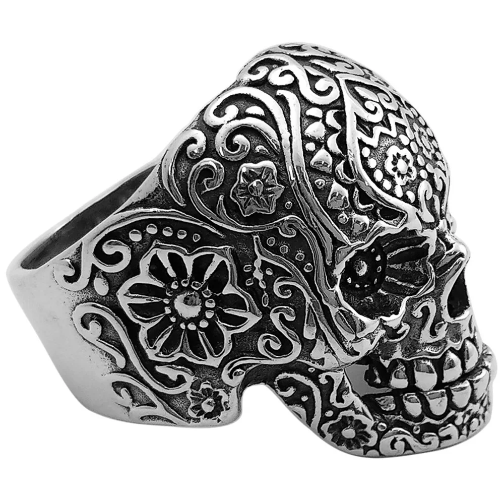 

Real Pure 925 Sterling Silver Gothic Skeleton Rings For Men Punk Rock Rose Flower Carving Hiphop Rock Fine Jewelry