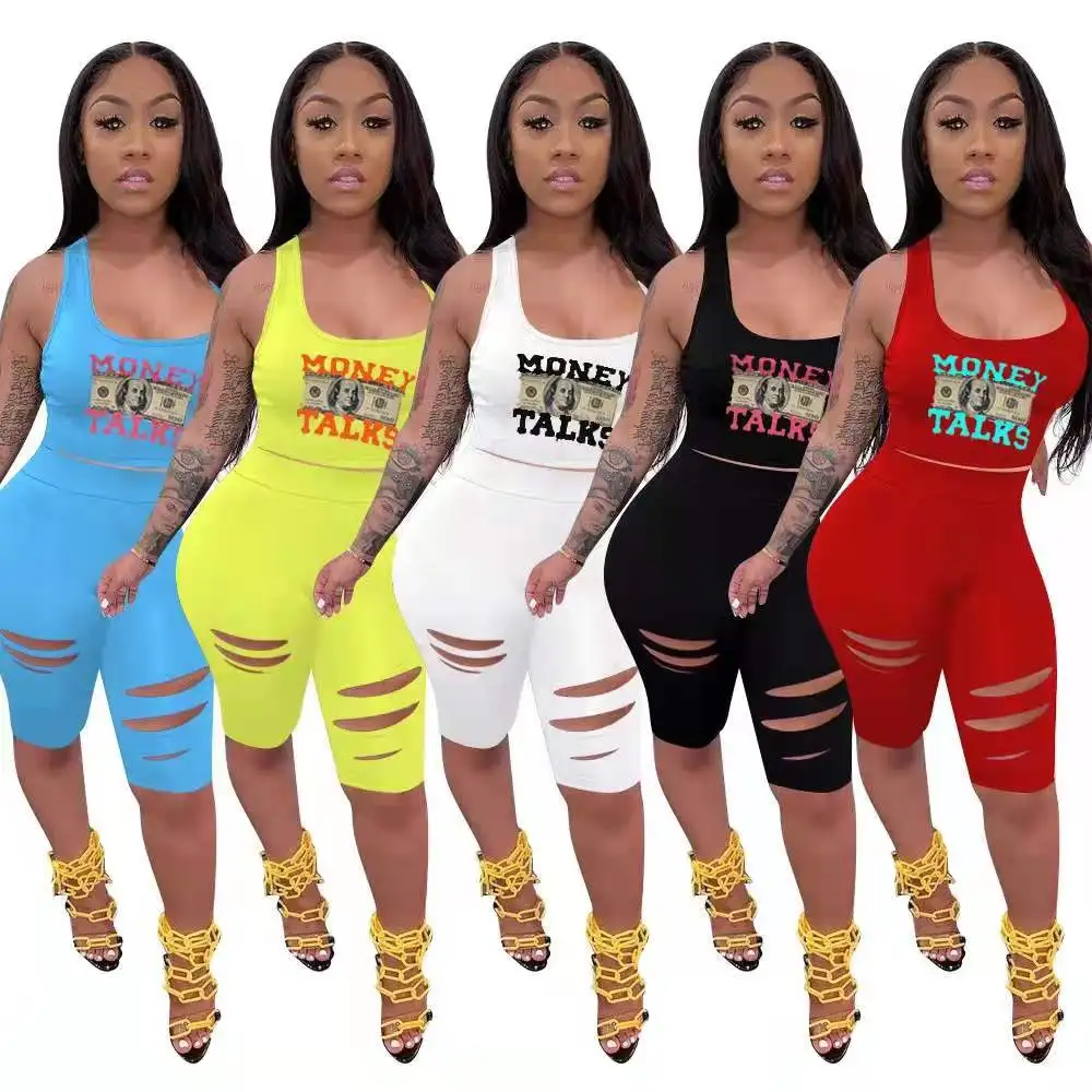 

2021 new arrivals money talk outfit 2 piece women tank top and hole cut out shorts set fashionable summer wear, 6color as picture